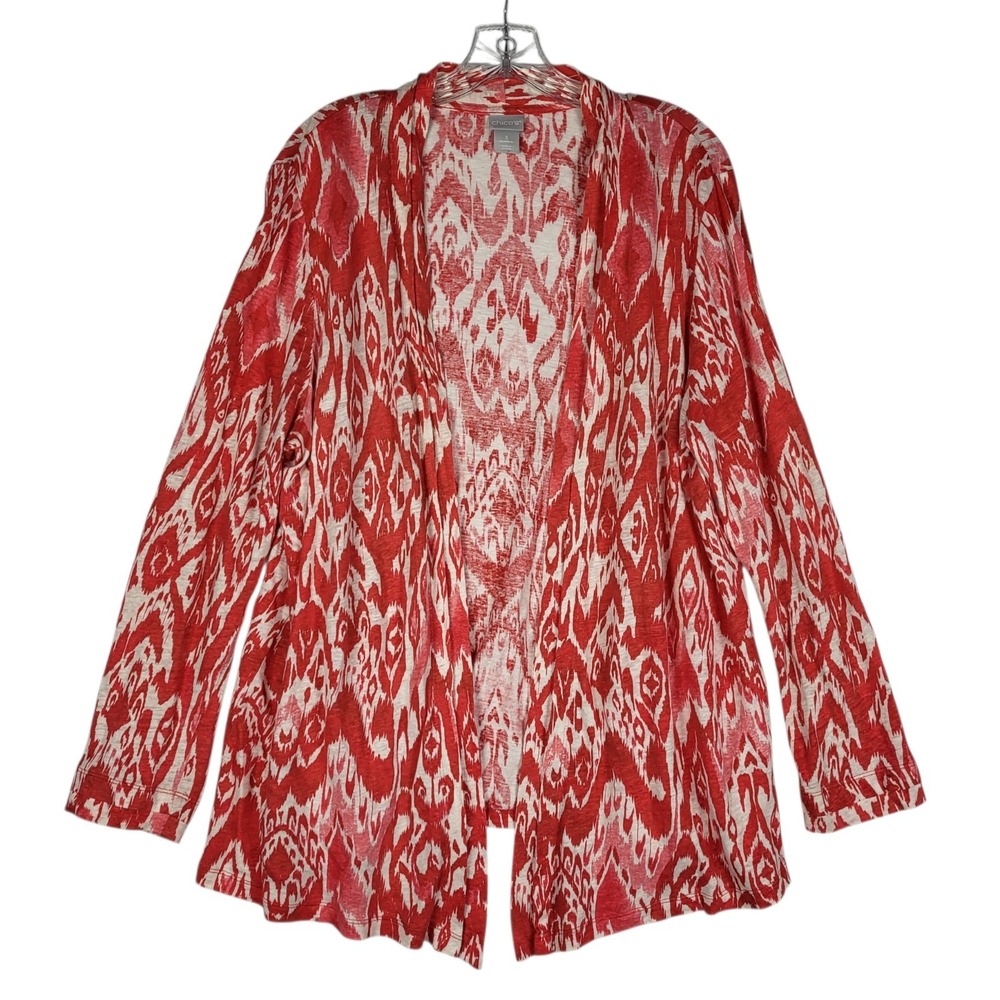Chicos 100% Linen Cardigan Women's XL 3 Pink White Ikat Southwest Beach Western